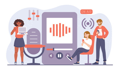 Podcasters with headphones. Men and women create content for Internet and social networks. Creative individuals and partners, show recording and communication. Cartoon flat vector illustration