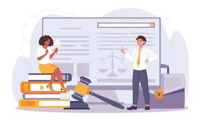 Platform professional lawyer. Man and woman evaluate laws, advise businessmen and citizens. Legal support of transactions. Modern technologies and digital world. Cartoon flat vector illustration