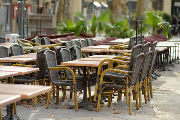 An empty outdoor cafe in a European city on an autumn day. Chairs and tables are stacked. Fallen leaves are lying on the ground. Restaurant closed. End of the season.