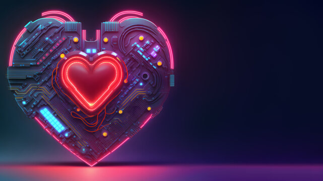 cyberpunk high-tech neon glowing heart, cyber valentines day concept, neural network generated art. Digitally generated image. Not based on any actual scene or pattern. 