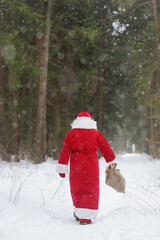 Santa Claus with bag of Christmas gifts is walking through snowy forest. Animator or parent in Santa Claus costume is rushing to a holiday for children. St. Nicholas Day.