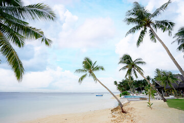 Naklejka na ściany i meble Tropical vacation. Coconut palm trees beach.