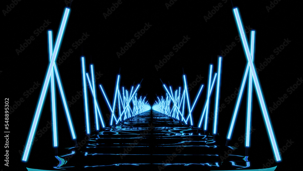 Poster moving 3d corridor with neon lines in dark. design. gloomy path in cyberspace with neon lines. neon 