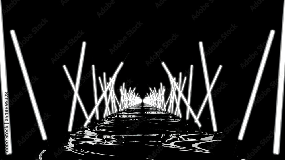 Poster moving 3d corridor with neon lines in dark. design. gloomy path in cyberspace with neon lines. neon 