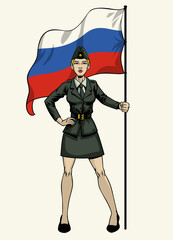 soldier women pin up style hold the Russian flag