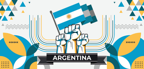 Argentina national day banner with map, flag colors theme background and geometric abstract retro modern blue white yellow design. Argentinian people. Sports Games Supporters Vector Illustration.
