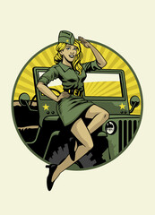 vintage design of army women pose with military car