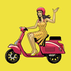 beautiful retro girl riding old scooter - obrazy, fototapety, plakaty