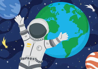 Naklejka premium Astronaut on space background. Character in suit on background of earth and planet. Astrology and Astronomy, universe and galaxy. Poster or banner for website. Cartoon flat vector illustration