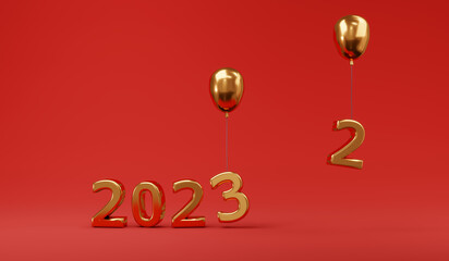 3D Rendering of 2023 number happy new year in gold on red background. 3D Render illustration.