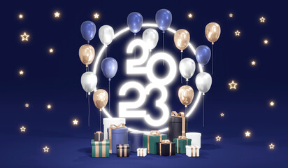 3D Rendering of 2023 number happy new year with gift on background banner. 3D Render illustration.