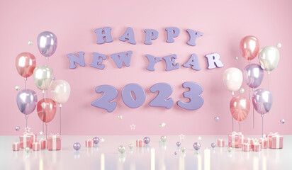3D Rendering of 2023 number happy new year with gift and balloon in pastel theme on background. 3D Render illustration.