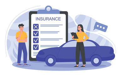 Auto insurance concept. Young guy and woman with car in front of large document. Characters close deal and make contract. Safety and security, financial literacy. Cartoon flat vector illustration