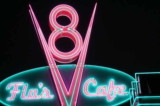 Flo's Cafe Sign with dark colors at Disneyland, Los Angeles
