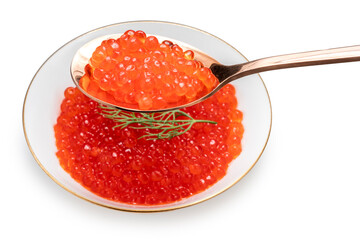 Salmon roe in golden spoon isolated on white background, Texture of Salmon roe or Ikura in golden spoon with work path.