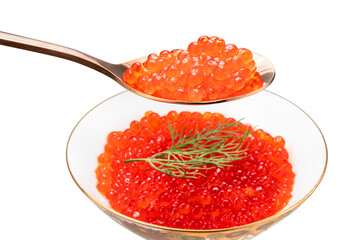 Salmon roe in golden spoon isolated on white background, Texture of Salmon roe or Ikura in golden spoon with work path.