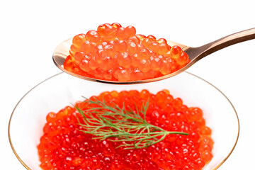 Salmon roe in golden spoon isolated on white background, Texture of Salmon roe or Ikura in golden spoon with work path.