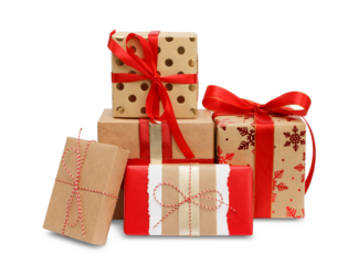 Gift boxes with the red ribbons in eco paper isolated on the white background