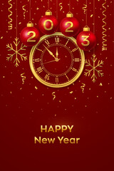 Happy New Year 2023. Hanging red Christmas bauble balls with realistic gold 3d numbers 2023 and snowflakes. Watch with Roman numeral and countdown midnight, eve for New Year. Merry Christmas. Vector.