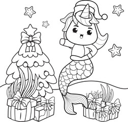 Christmas coloring book with cute unicorn mermaid