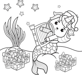 Christmas coloring book with cute unicorn mermaid