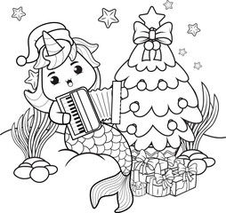 Christmas coloring book with cute unicorn mermaid