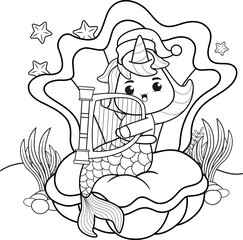 Fototapeta na wymiar Christmas coloring book with cute unicorn mermaid