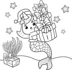 Christmas coloring book with cute unicorn mermaid