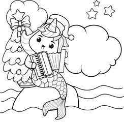 Christmas coloring book with cute unicorn mermaid
