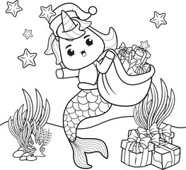 Christmas coloring book with cute unicorn mermaid