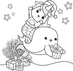 Christmas coloring book with cute unicorn mermaid