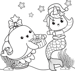Christmas coloring book with cute unicorn mermaid