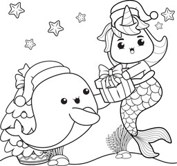 Christmas coloring book with cute unicorn mermaid