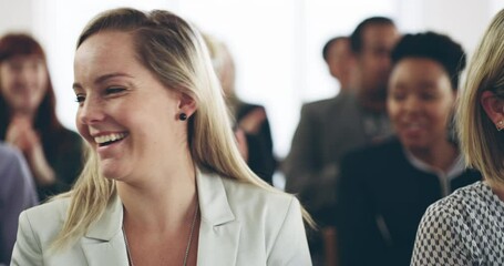 Business people, audience applause and seminar, workshop and presentation with happy staff, celebration and goal success. Diversity, meeting and team training, motivation and crowd collaboration