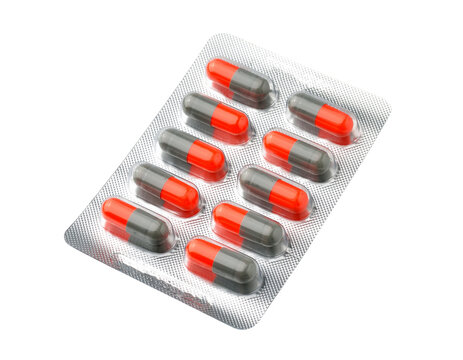 Set of pills in a foil blister package on transparent png