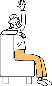 ソファーに座り手を上げる女性のイラスト素材