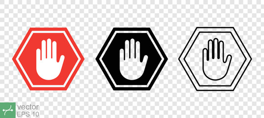 Red stop road sign with big hand icon collection. Warning traffic symbol, halt, forbidden concept. Simple flat, solid, line style. Vector illustration isolated on transparent background. EPS 10.