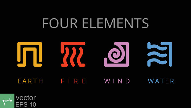 Four elements icons. Simple line, outline style. Earth, fire, wind, water, nature concept. Vector illustration isolated on black background. EPS 10.