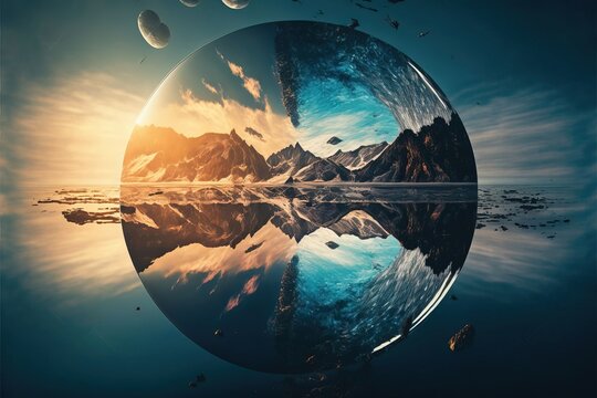 Reflection On Solar Systems In The Sea, Cool Futuristic Planet, Sky Mirror Invert. Generative AI Technology