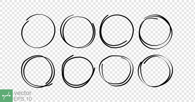 Hand drawn circles sketch frame set. Line doodle circular shape, round, scribble. Vector illustration isolated on transparent background. EPS 10.