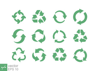 Recycle icon set. Simple flat style. Reduce, reuse, recycle symbol. Reusable logo, green circle arrow, environment concept. Vector illustration isolated on white background. EPS 10.