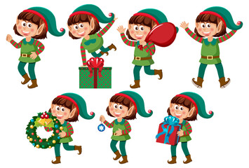 Christmas elves cartoon characters set