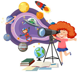 Fototapeta na wymiar Girl observing planets with telescope
