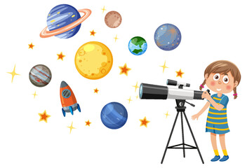 A girl observing planets with telescope