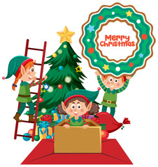 Obraz na płótnie Canvas Christmas elf kids with Christmas tree
