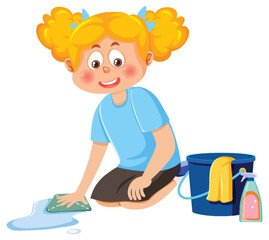 Cartoon girl wiping floor with rag