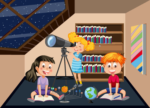 Kids studying astronomy with telescope