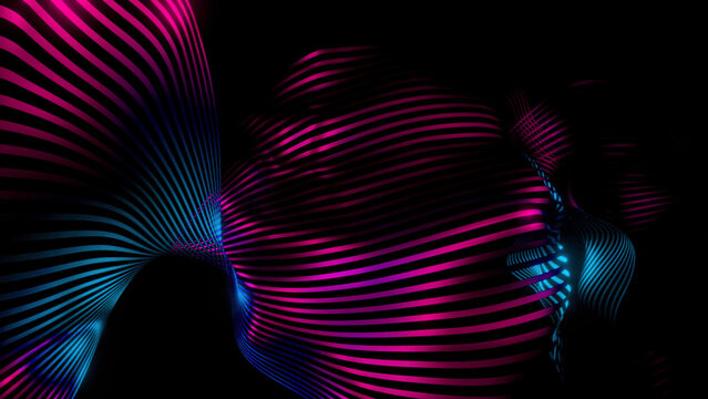 Realistic wavy movement of thing digital texture looking like fabric. Design. Striped fibres cloth isolated on a black background.