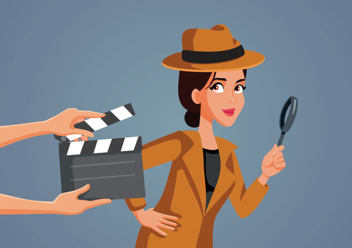 Actress Filming A Detective Tv Series Vector Cartoon Illustration. Female Protagonist In Police Mystery True Crime Documentary 
