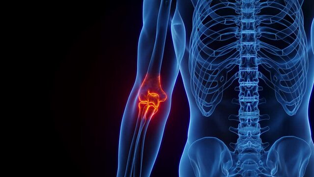 3D rendered Medical Animation of inflammation at man's left elbow.